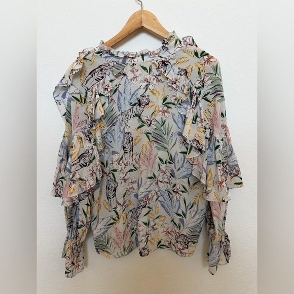 Maje Floral Ruffle Printed Long Sleeve Blouse Letrany Top Size Small - Picture 6 of 9